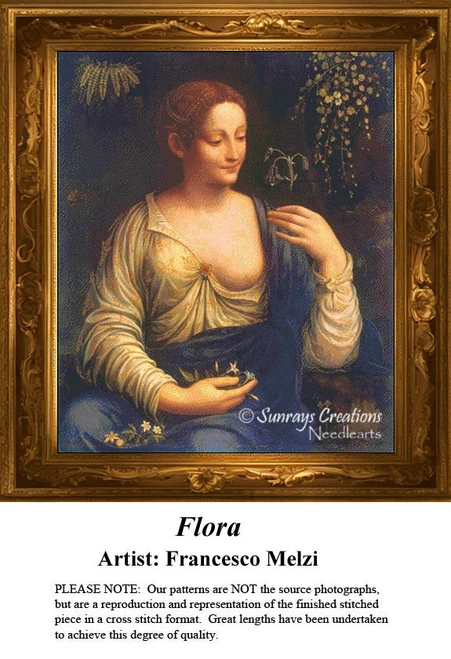 A serene woman holding white blossoms, surrounded by shadowed foliage, as seen in this cross stitch pattern by Francesco Melzi from the Renaissance.