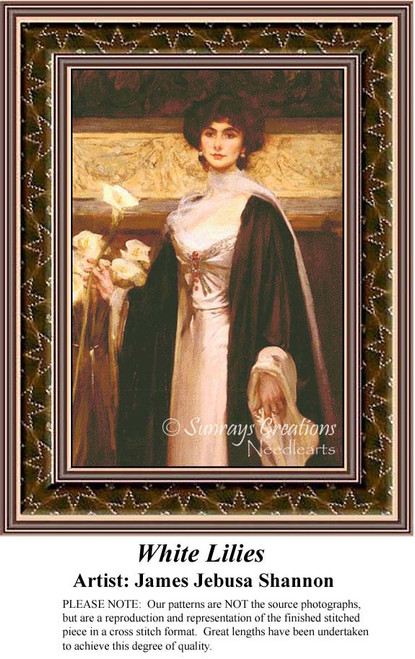 A woman in a black gown holds white lilies, set against an ornate background, from the artwork by James Jebusa Shannon in this xstitch chart.