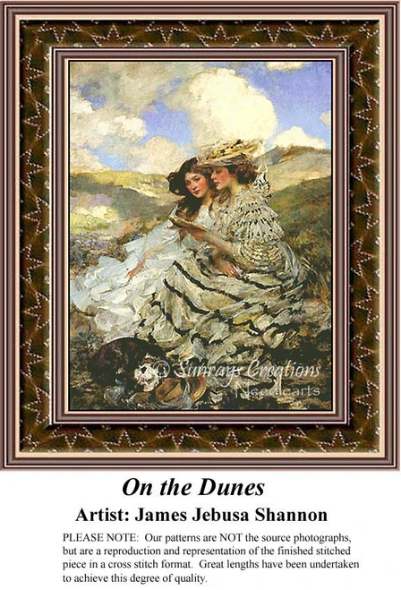 Two women in elegant dresses sit together in a sunlit landscape, offered as a counted cross stitch pattern by artist James Jebusa Shannon.