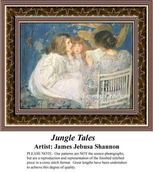 Three girls gather around a book, with a soft blue background, arranged as a counted cross stitch design by James Jebusa Shannon.