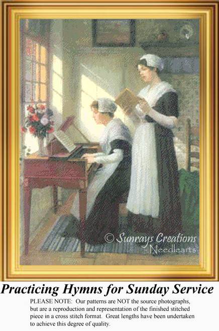 Two young women practice hymns in a sunlit room, with one at a spinet and the other singing, waiting as your next cross stitch project.