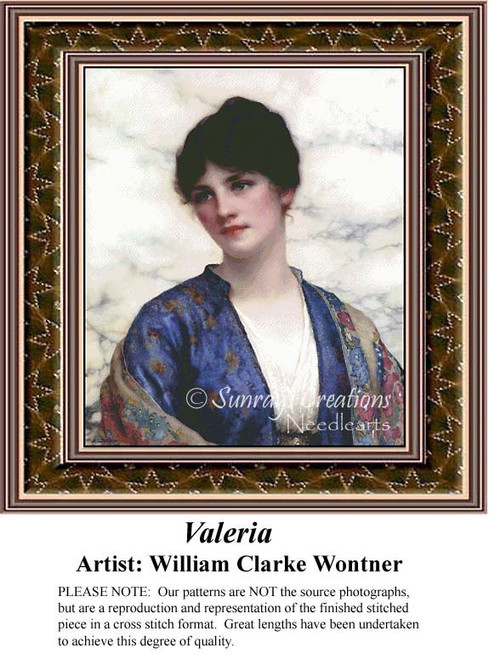 A woman in a blue robe with floral accents gazes thoughtfully, designed as a counted cross stitch kit by William Clarke Wontner.