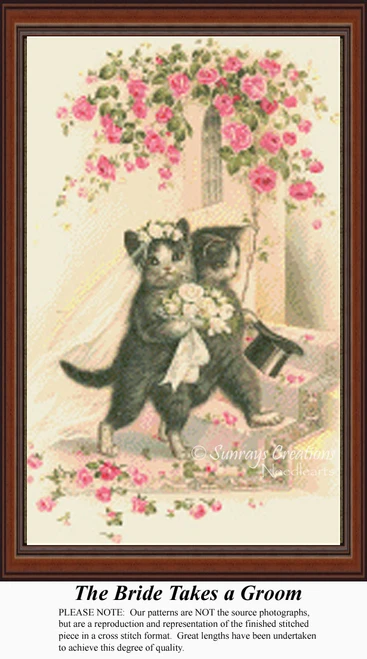 A cat bride carrying a bouquet walks proudly alongside a dapper groom, surrounded by roses, presented as a cross stitch chart.