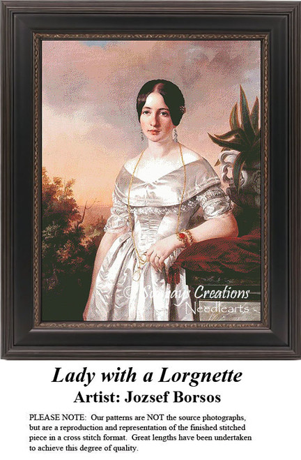 A lady in a formal dress holds a lorgnette, surrounded by a serene landscape, designed as a xstitch chart by Jozsef Borsos from the 19th century.