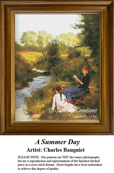 A mother reads in a chair by a brook while her daughter sits beside her, depicted as a counted cross stitch design yours as a counted cross stitch.