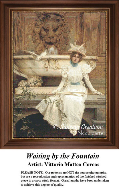 A woman in a white dress sits pensively by a grand fountain, surrounded by ornate architectural details, designed as a PDF chart by Vittorio Matteo