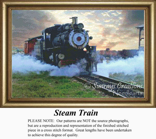A steam locomotive moves down the tracks with blue smoke trailing behind, designed as a counted cross stitch pattern by Steve Knight, waiting as your.