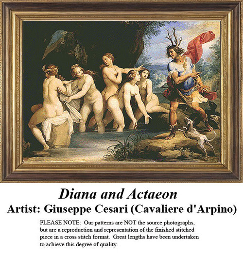 A scene of Actaeon and Diana among nymphs, depicted in vibrant colors by Giuseppe Cesari, designed as a BAP cross stitch pattern for your enjoyment.