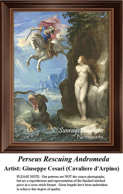 Perseus rides a winged horse to rescue Andromeda from a sea monster in this counted cross stitch kit derived from Giuseppe Cesari's painting.
