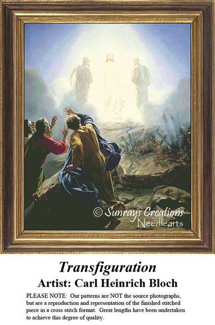 A radiant Jesus surrounded by blinding light, with figures gazing in awe, frozen in time as a counted cross stitch pattern.