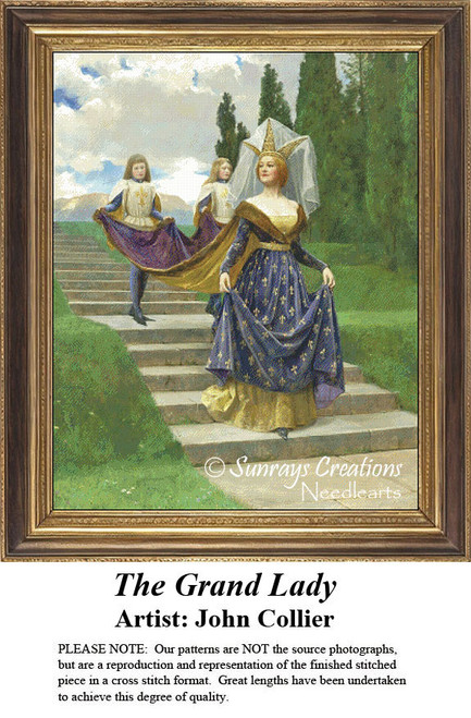 A woman in a golden gown adorned with stars walks down steps, accompanied by two young girls in a scenic garden, a counted cross stitch chart by John