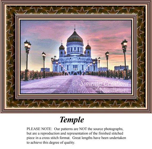 A bluish-colored temple stands prominently, flanked by street lanterns, under a dusk sky in this architectural cross stitch pattern.