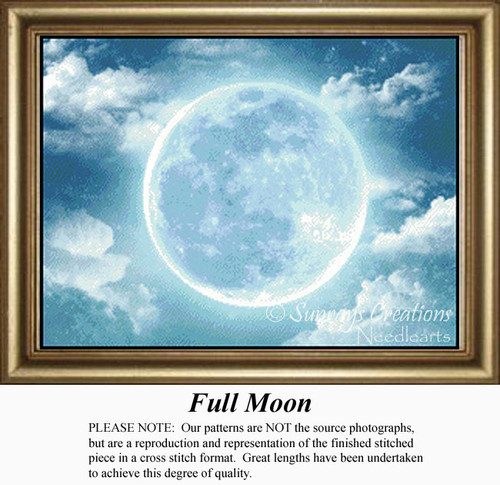 A full moon glows brightly among soft clouds, designed as a counted cross stitch pattern, ready for your next cross stitch project.