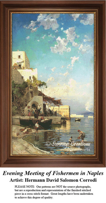 A serene afternoon with fishermen gathered by the water, under a bright sky, in a PDF pattern derived from Hermann David Salomon Corrodi's art.