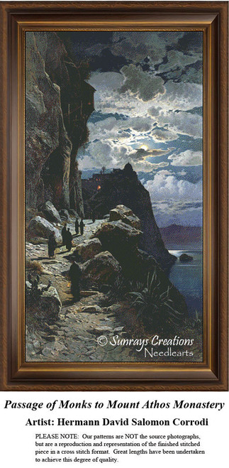 A group of monks ascends a rocky path to a monastery under a night sky, ready for your next cross stitch project.
