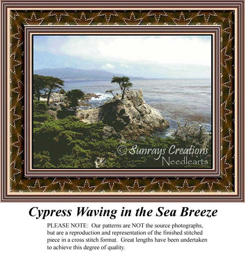A scenic view of Cypress trees on rocky cliffs by the ocean, featured in a cross stitch pattern available as a digital file.