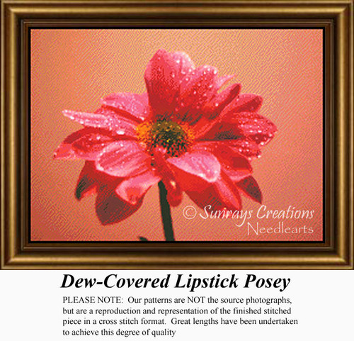A rosy flower drenched in dewdrops stands against a coral background, frozen in time as a counted cross stitch pattern.