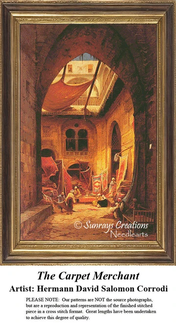 A bustling market square with carpet merchants engaged with customers, stitched as a large counted cross stitch in the style of Hermann David Salomon