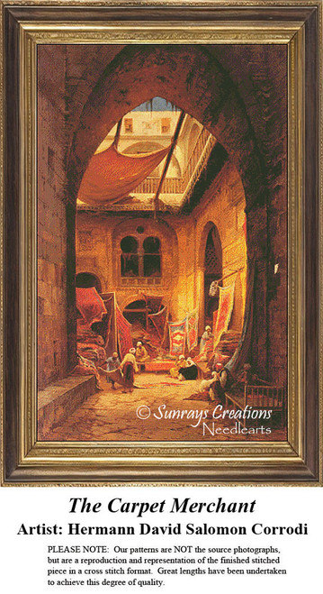 A lively market square filled with carpet merchants surrounded by colorful carpets, yours to stitch as a counted cross stitch chart.