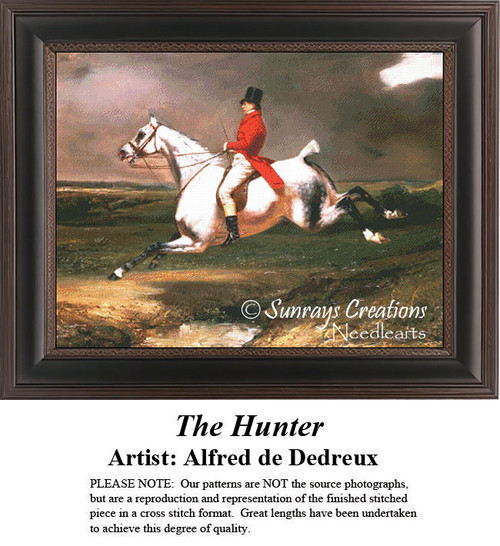 A man in a red jacket rides a white horse, clearing a small creek while hunting, from the counted cross stitch pattern by Alfred de Dedreux.