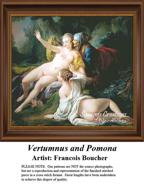 A scene of Pomona and Vertumnus, with Vertumnus disguised as an elderly woman, designed as a counted cross stitch design by Francois Boucher.