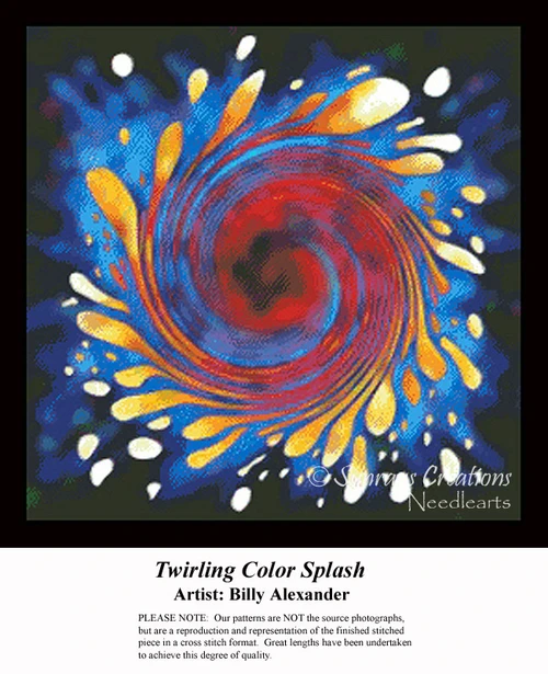 A vibrant explosion of colorful blobs swirling in a dynamic pattern, this xstitch design by Billy Alexander reflects a modern art influence.