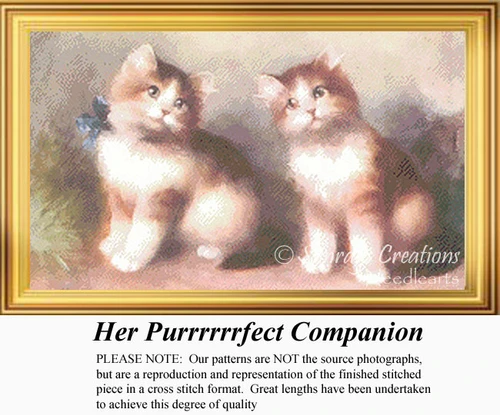 A digital pattern of two playful male kittens, one with a blue ribbon, sitting together against a soft background, perfect for cross stitch projects.
