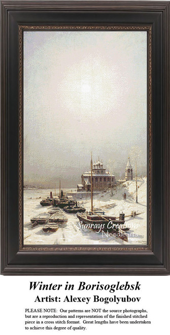 A winter scene depicts boats on a frozen river under cloudy skies, designed as a counted cross stitch pattern waiting as your next cross stitch.