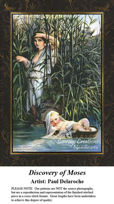 A Pharaoh's daughter finds baby Moses in a basket among the reeds of the Nile, designed as a cross stitch pattern by Paul Delaroche.
