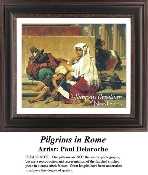 A scene of pilgrims resting with solemn expressions, designed from Paul Delaroche's artwork, featured as an xstitch chart for crafting with DMC floss.