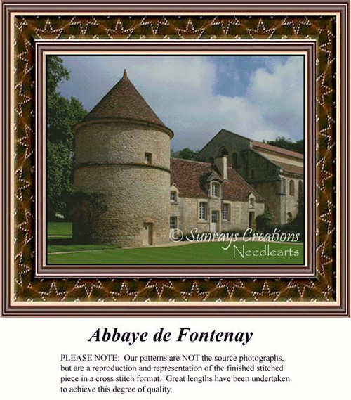 A charming abbey with round and rectangular stone buildings beneath a cloudy sky, designed as a counted xstitch kit featuring Abbaye de Fontenay.