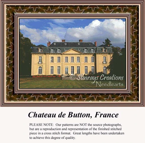 A detailed cross stitch PDF chart of the Chateau de Button, showcasing its yellow facade, slate roof, and surrounding greenery under a cloudy sky.