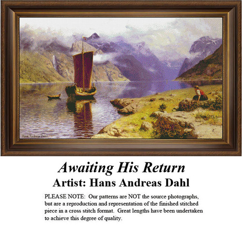 A serene waterscape with a woman sitting on the shore, waiting for her husband’s return from fishing, designed as a downloadable pattern by Hans