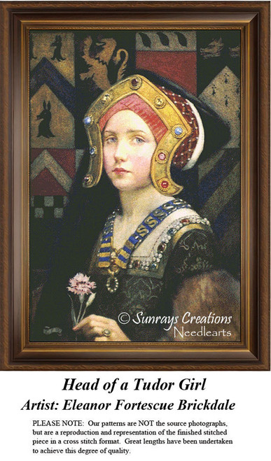 A young Tudor girl in formal attire poses with a flower, waiting as your next cross stitch project inspired by artist Eleanor Fortescue Brickdale.