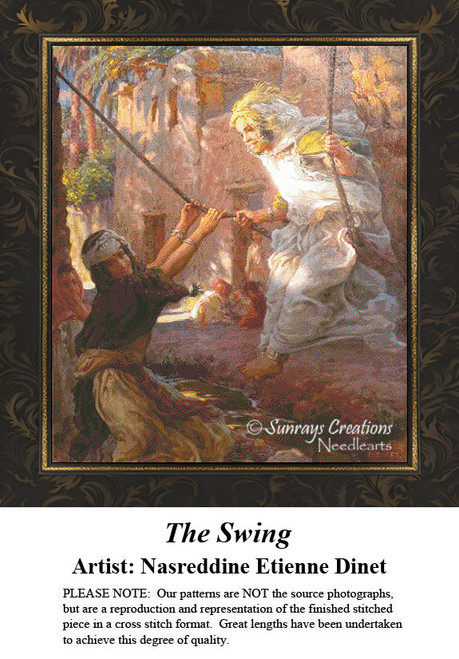 A young woman swings joyfully while another pushes her, transformed into a counted cross stitch pattern by Nasreddine Etienne Dinet.