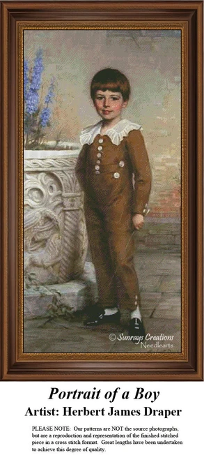 A young boy in a brown waistcoat suit poses outdoors on a brick veranda, framed as a counted cross stitch chart by Herbert James Draper.