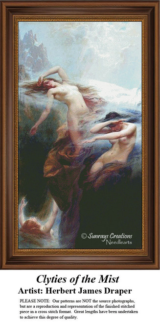 Three water nymphs dissolve into mountain mist, as depicted in the PDF pattern of "Clyties of the Mist" by Herbert James Draper.