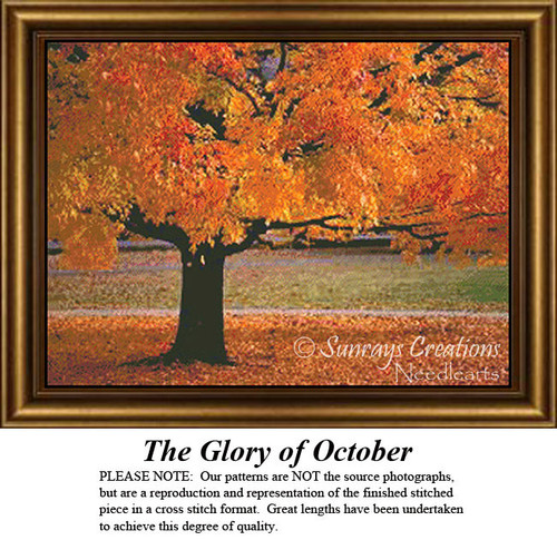 A large tree with orange, coral, and gold leaves stands majestically, surrounded by fallen leaves, featured in a PDF chart by Sunrays Creations.