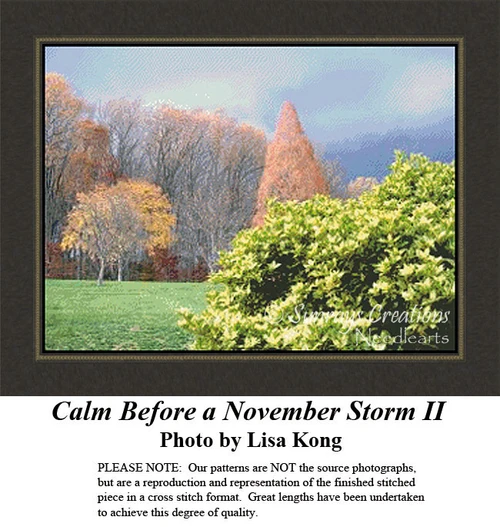 A serene landscape with autumn trees and a conical evergreen shrub in the foreground under a somber sky, illustrated as a printable pattern.