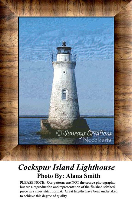 A lighthouse on a sunny day, titled Cockspur Island Lighthouse, designed as a large cross stitch pattern with DMC floss on aida cloth.