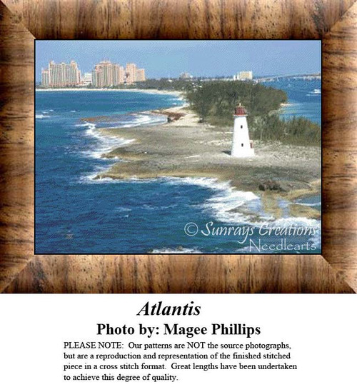 A lighthouse stands on rocky shores with a city skyline in the background, transformed into a counted cross stitch pattern.