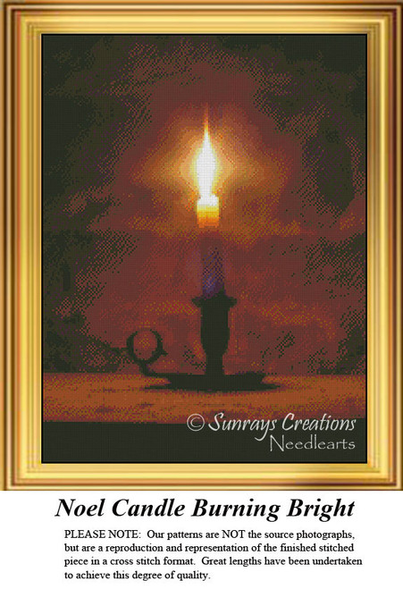 A single candle burns brightly in a dark setting, presented as a counted cross stitch design, complete with a holder and soft, warm glow.