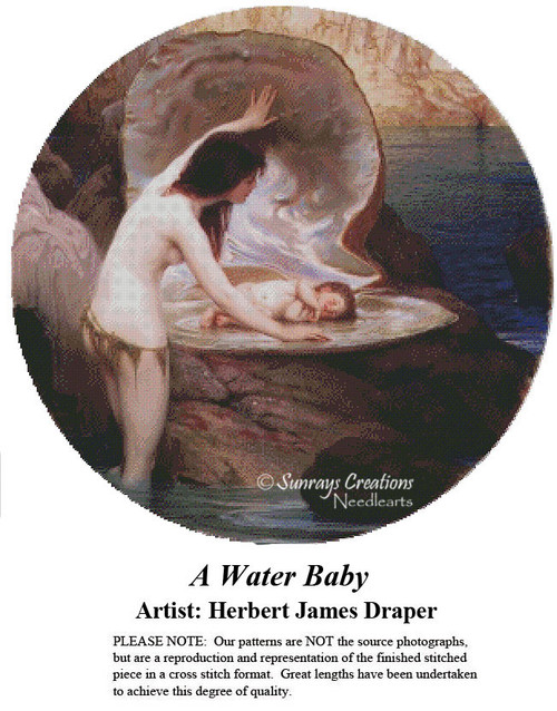 A water nymph gazes lovingly at a sleeping baby nestled in an open clam shell, designed as a cross stitch kit from Herbert James Draper's work.