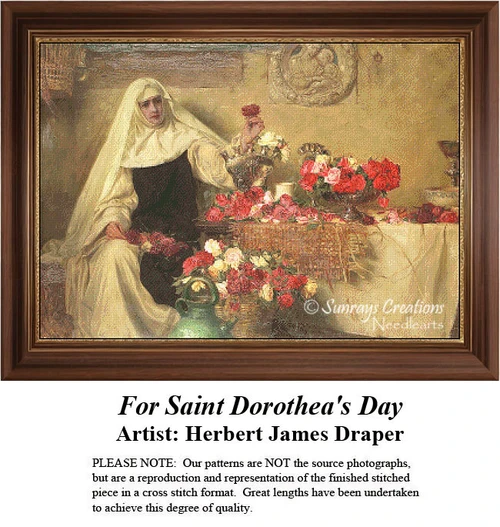 A nun with a white habit holds roses amidst a vibrant array of flowers, designed as a cross stitch chart from Herbert James Draper's artwork.