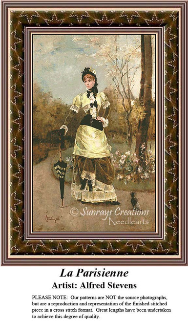 A woman dressed in a yellow gown stands in a garden with an umbrella, rendered as a xstitch pattern by Alfred Stevens.