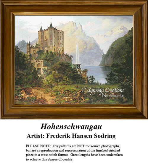 A detailed counted cross-stitch pattern preview of Frederik Hansen Sødring's Romantic landscape painting, "Hohenschwangau." The dramatic design depicts Hohenschwangau Castle perched high above lush green alpine valleys and forest hills under a soft, sunlit sky.