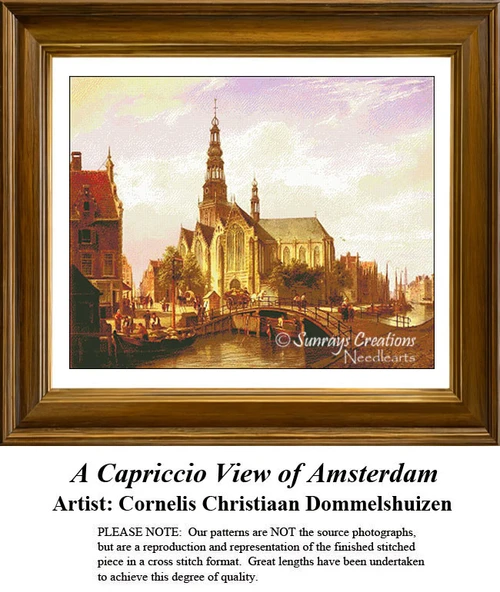An idyllic urban landscape with spires, bridges, and people walking, arranged as a counted cross stitch design by Cornelis Christiaan Dommelshuizen.