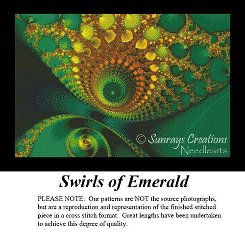 A vibrant abstract design filled with spirals and circular patterns in shades of green and yellow, shown as a counted cross stitch pattern.