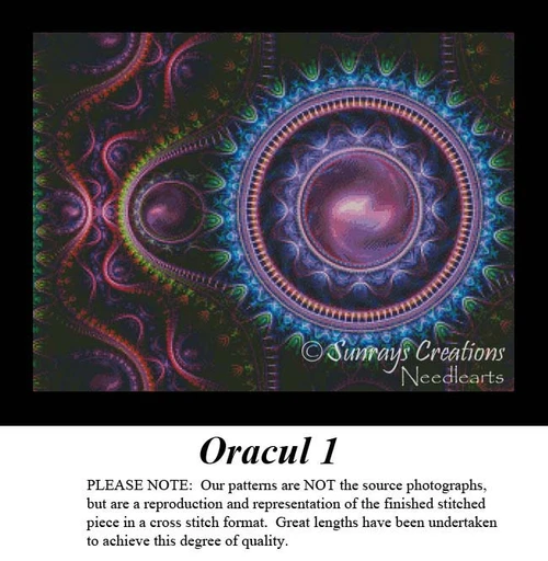 A colorful fractal pattern with spheres and gear-like ripples, resembling an atom, designed as a cross stitch kit for DMC floss on aida cloth.