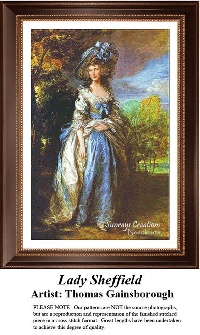 A portrait of Lady Sophia Charlotte Digby in a blue satin gown and large hat, designed as a cross stitch chart from Thomas Gainsborough's painting.